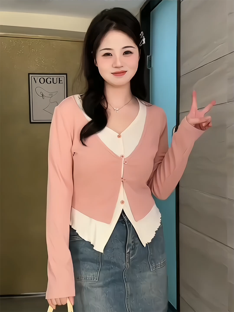 胖mm長袖V領拼接撞色開衫春秋季設計感薄款修身顯瘦假兩件上衣女