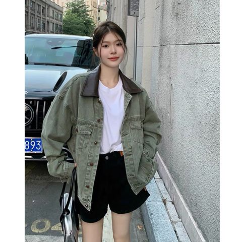 美式復古牛仔外套女秋季2023新款高級感polo領寬鬆BF風長袖上衣潮