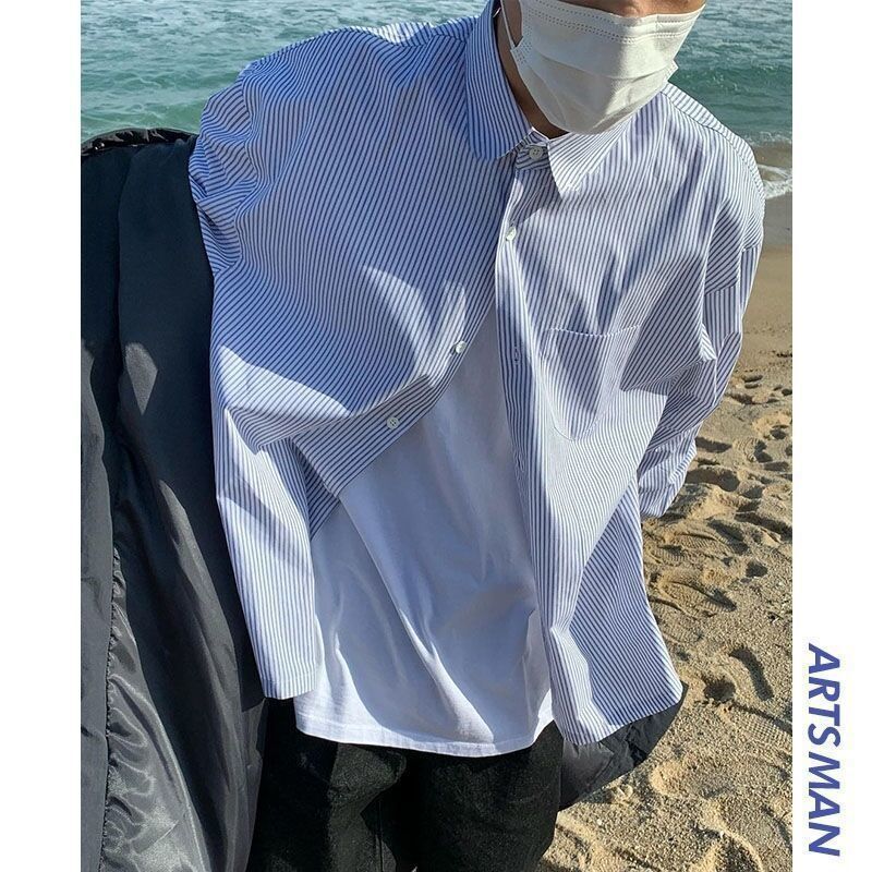 新款藍色條紋襯衫男長袖ins潮流寬鬆日系豎條紋襯衣服春夏季外套