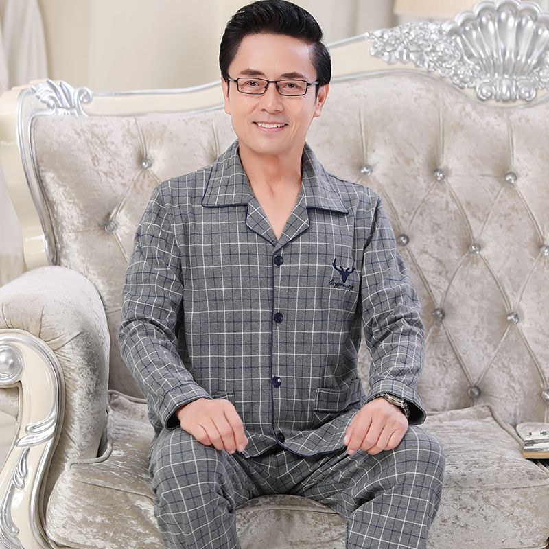 100%純棉男士睡衣春秋季長袖男式寬鬆大碼秋冬款全棉家居服套裝