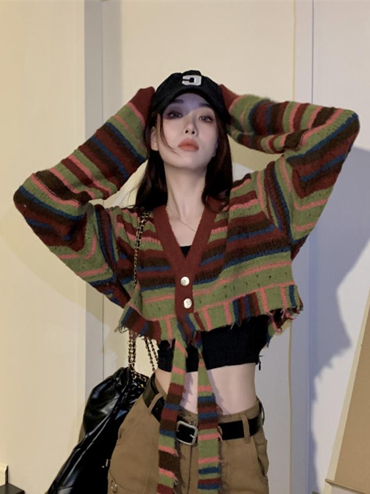 港味復古chic撞色條紋綁帶針織開衫春秋小個子短款V領毛衣外套女