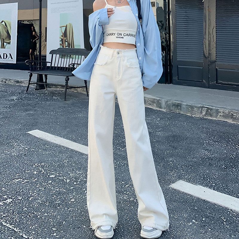 White high-waist raw edge straight jeans for women  spring and autumn new design niche wide-leg floor-length pants