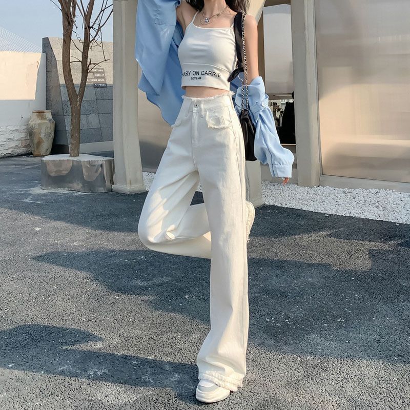 White high-waist raw edge straight jeans for women  spring and autumn new design niche wide-leg floor-length pants