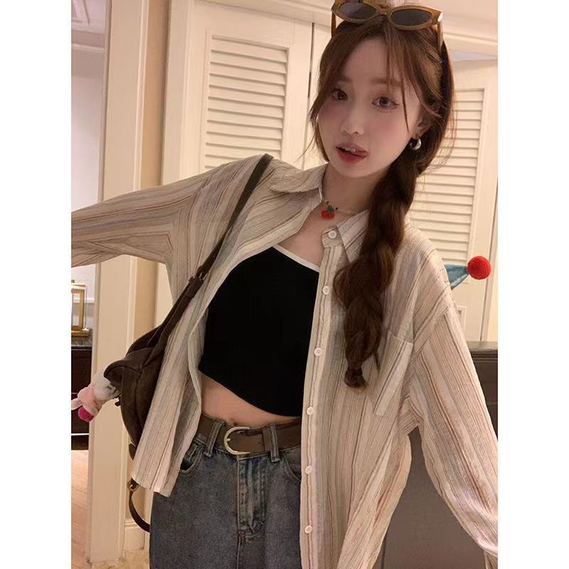 CONGRAZIO女港味chic襯衣設計感杏色細紋襯衫薄款外穿防曬衫開衫
