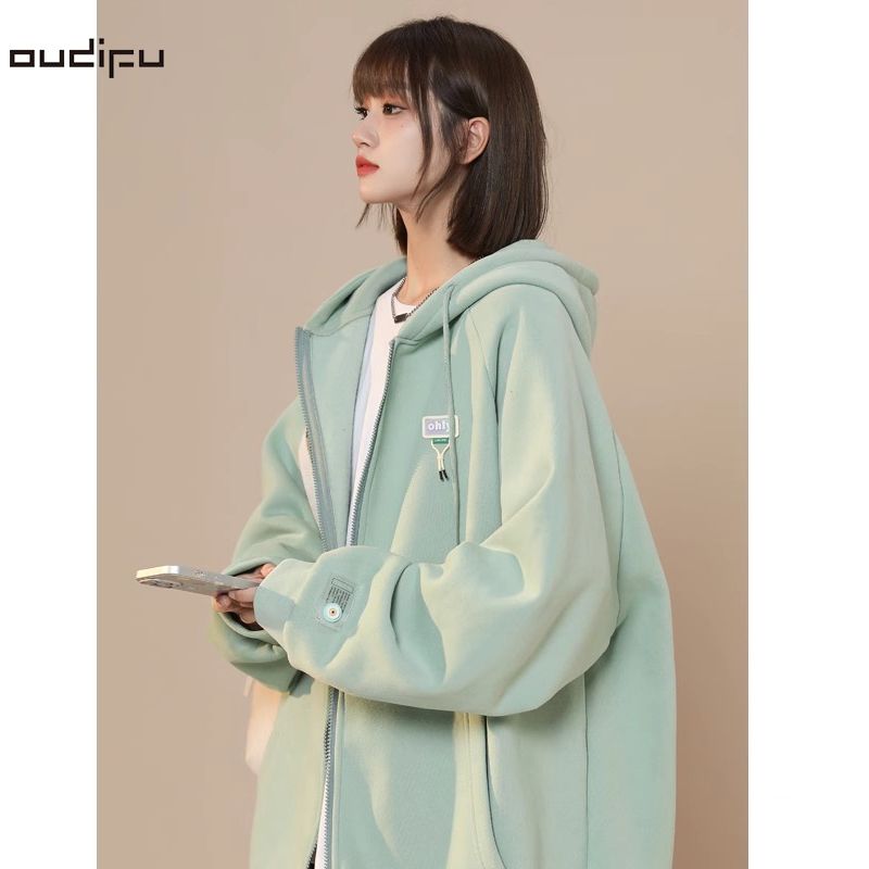 OUDIFU美式復古衛衣女春秋新款2023國潮oversize設計感小眾外套