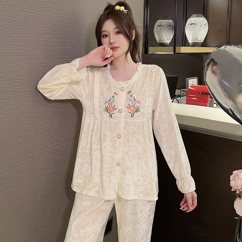睡衣女2023秋冬新款金絲絨法式圓領長袖開衫甜美公主風家居服套裝