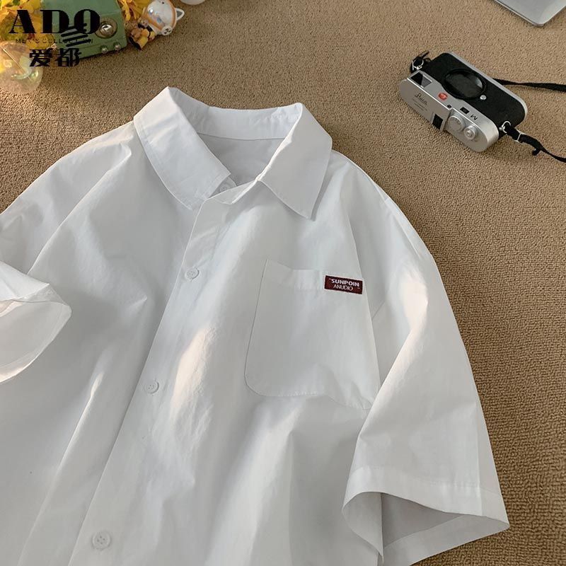 cityboy日系冰絲白短袖襯衫男夏季薄款少年感穿搭半袖外套式襯衣