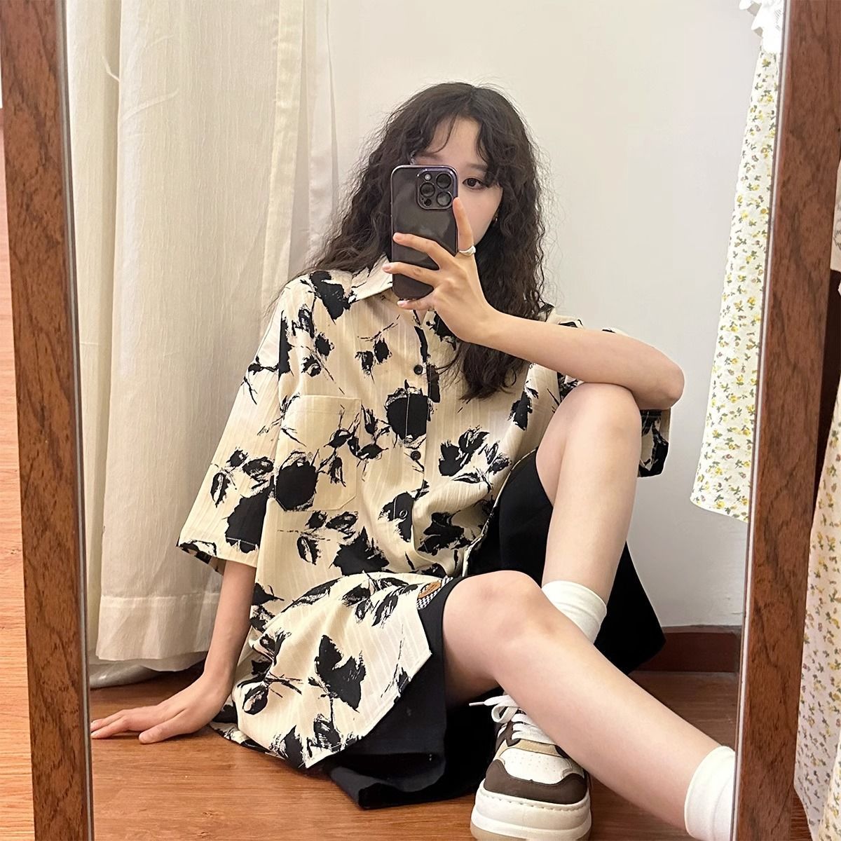 夏季新款寬鬆美式復古港味碎花短袖襯衫女薄款外套bf情侶款中性風