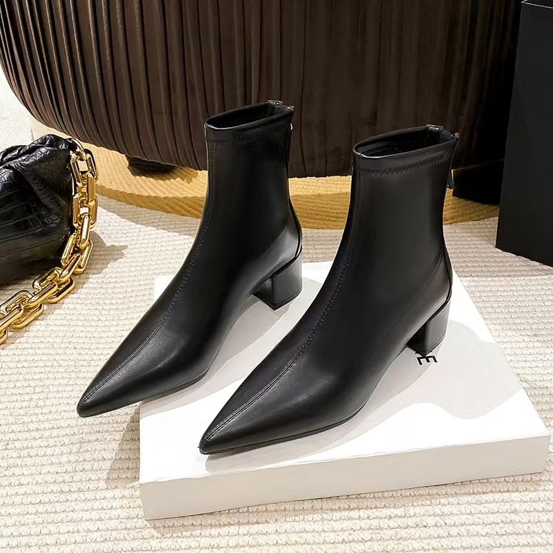 Internet celebrity popular short boots for women in autumn and winter, low-heeled fashionable French elastic slim boots, thick-heeled ankle boots, stylish single shoes