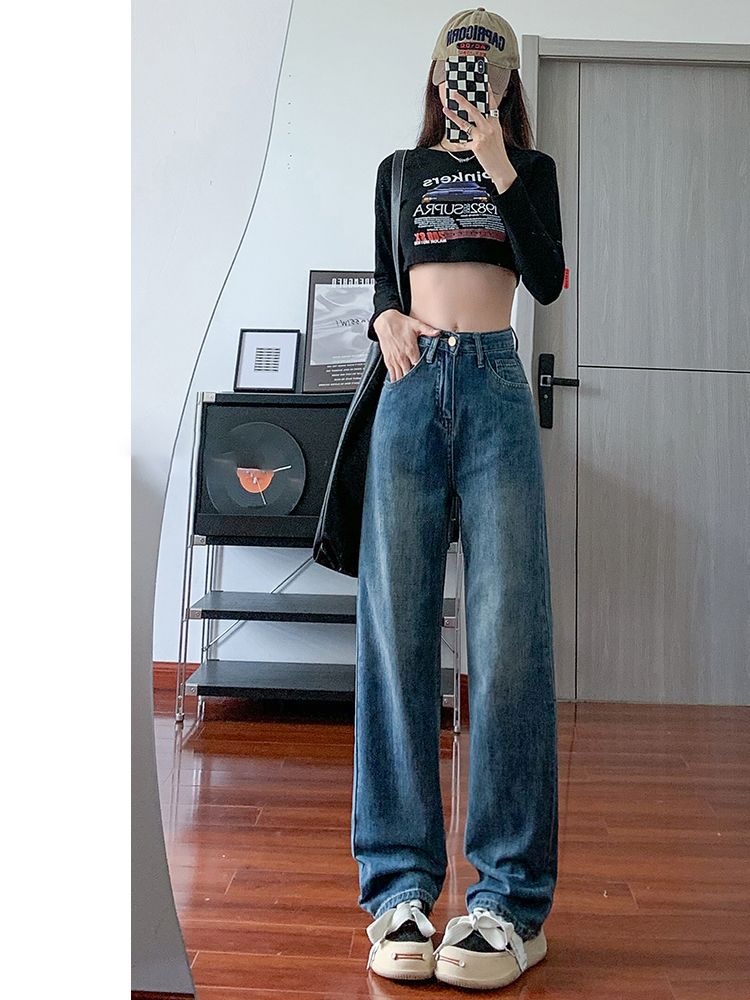 YSYOURS復古直筒牛仔褲女春秋高腰寬鬆大碼垂感窄版闊腿梨形身材
