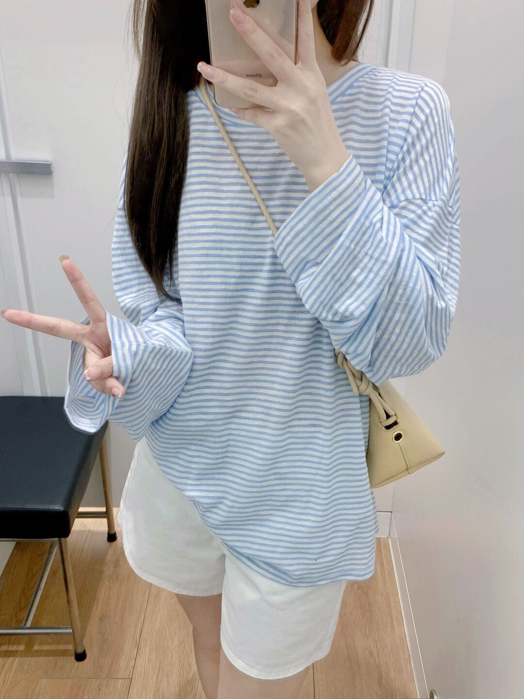 2023年法式薄款甜辣妹條紋寬鬆顯瘦t恤女裝夏季洋氣減齡長袖體恤