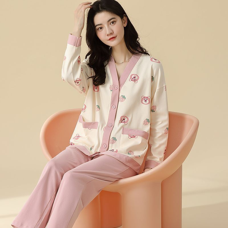 高檔純棉睡衣女春秋季長袖開衫套裝寬鬆和服冬天可外穿月子家居服