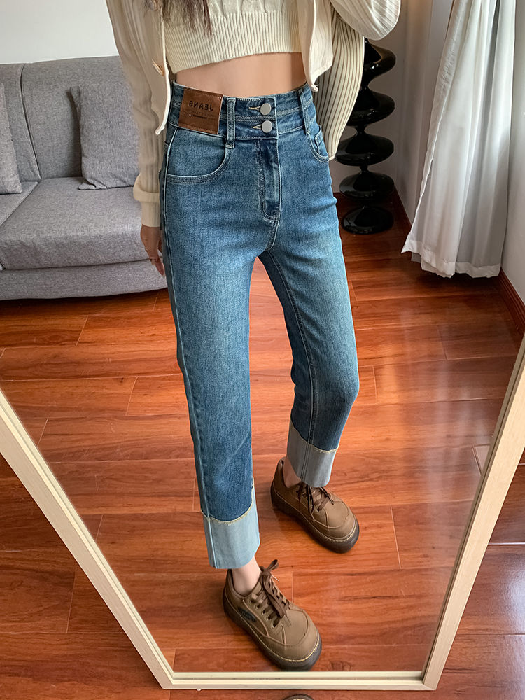 YSYOURS卷邊直筒牛仔褲女春秋高腰顯瘦大碼胖MM法棍九分煙管褲子