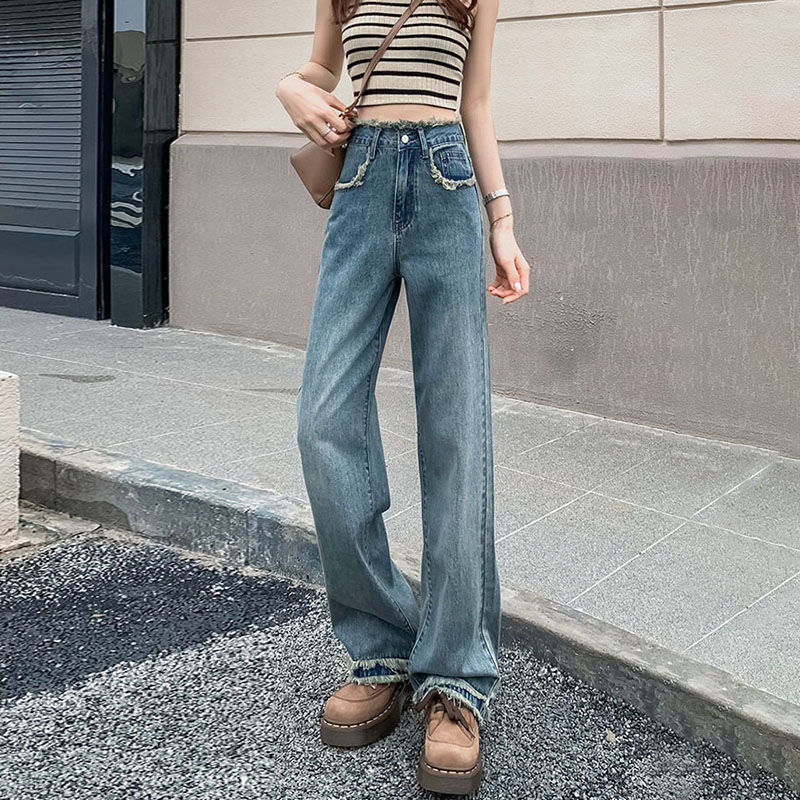 White high-waist raw edge straight jeans for women  spring and autumn new design niche wide-leg floor-length pants