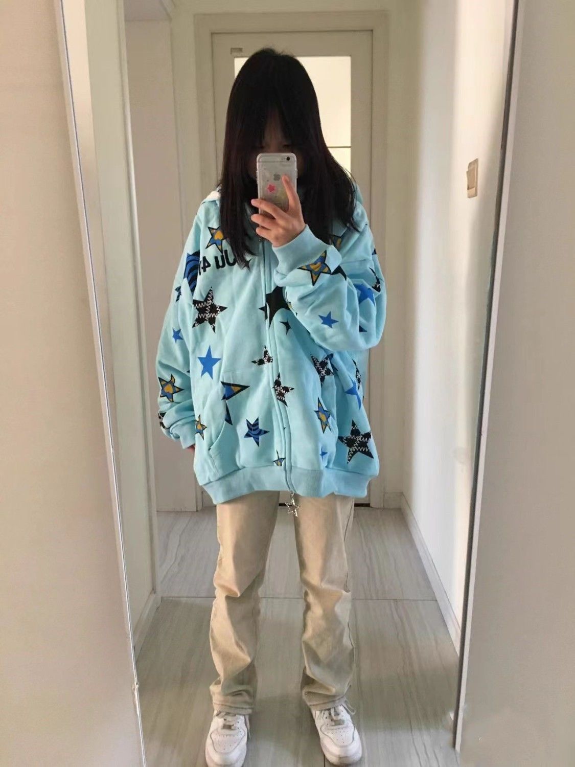 American trendy star-printed double-hooded sweatshirt for women in autumn Harajuku style casual loose couple cardigan jacket ins