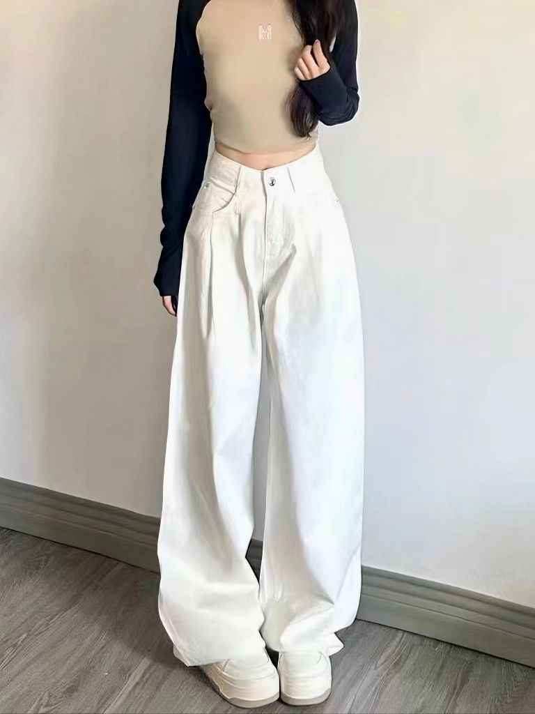 美式高街白色闊腿牛仔褲女春秋新款高腰直筒寬鬆百搭顯瘦垂感長褲