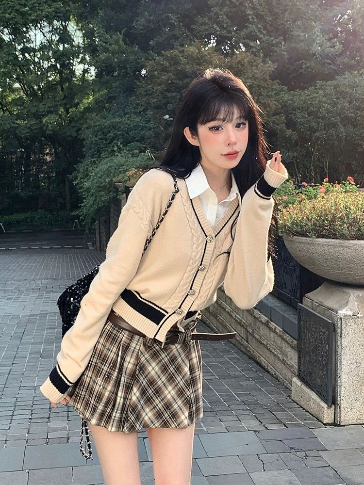 毛衣開衫外套女學院風2023秋裝外穿假兩件慵懶針織短款上衣