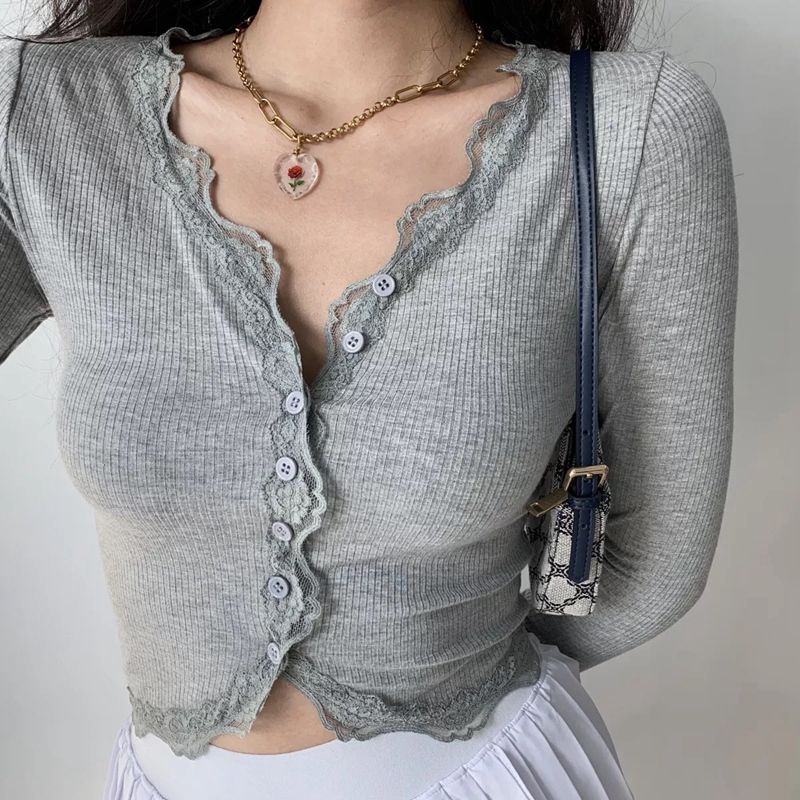French sweet hottie lace splicing v-neck knitted outer cardigan women's autumn and winter slimming bottoming shirt long-sleeved top ins