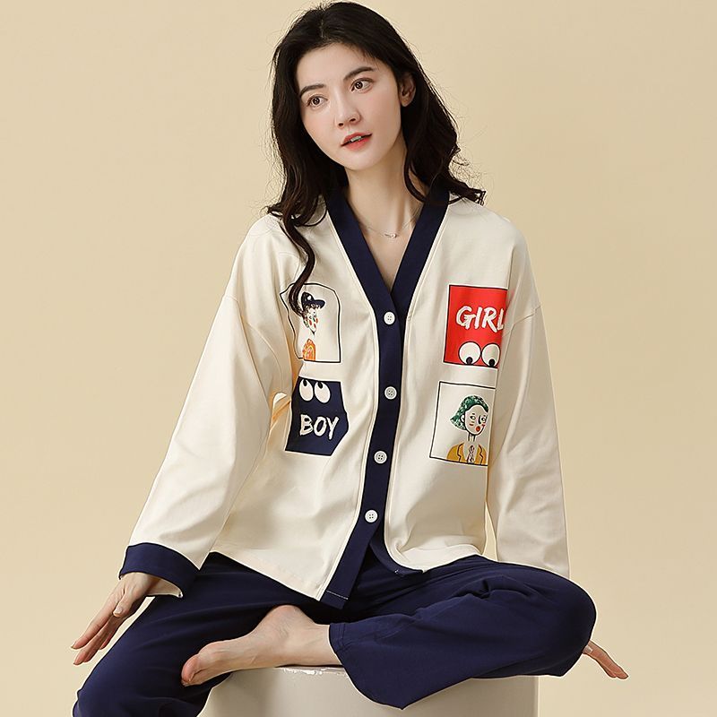 高檔純棉睡衣女春秋季長袖開衫套裝寬鬆和服冬天可外穿月子家居服