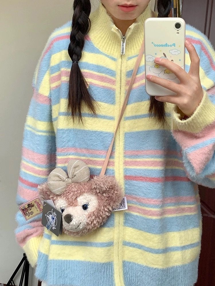 彩色條紋針織開衫毛衣外套女2023新款秋冬小個子復古慵懶風上衣潮