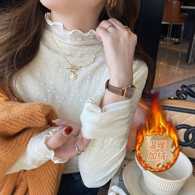 半高領蕾絲打底衫女白色2023新款秋冬內搭上衣木耳邊春秋加絨小衫