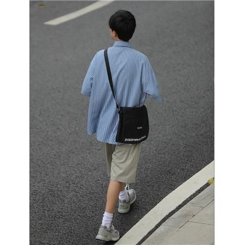 夏季新款日系复古条纹衬衫男生学院廓形宽松港风ins短袖衬衣外套