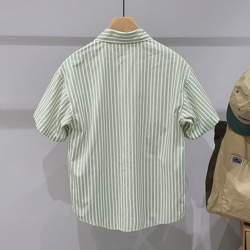 绿条纹短袖衬衫男士日系青年韩版夏季新款小众设计感时尚休闲衬衣