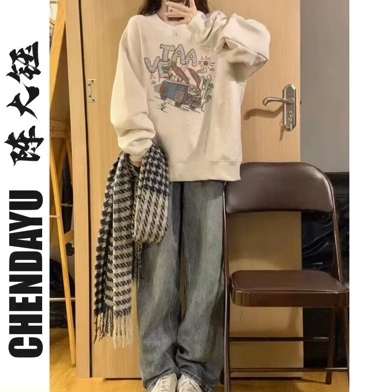 【純棉】復古灰色無帽圓領正肩衛衣女冬oversize長袖上衣ins潮牌