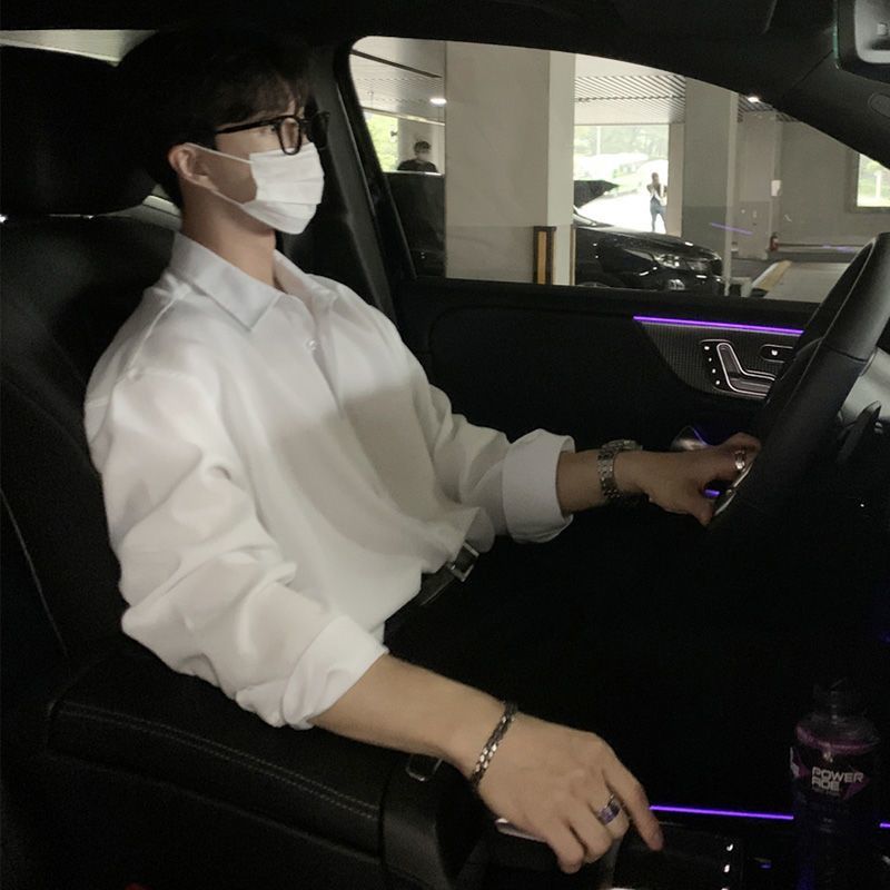 純色長袖男士襯衫輕奢通勤商務休閒速干港風修身高級感百搭白襯衣
