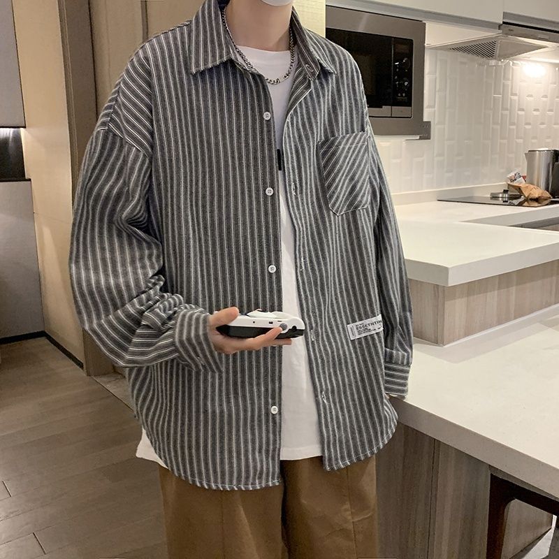 春秋季條紋襯衫男長袖ins港風復古帥氣日系寬鬆休閒百搭潮流外套