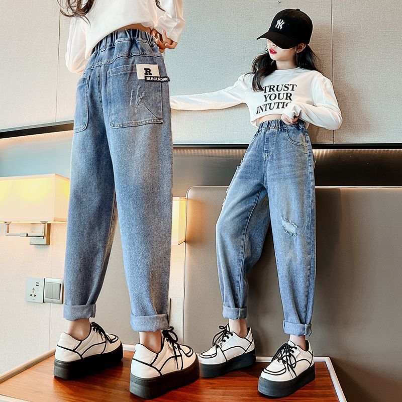 女童牛仔褲春秋2023新款時尚外穿秋季寬鬆老爹褲休閒兒童秋裝褲子