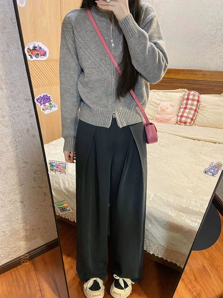 韓版灰色圓領針織開衫毛衣女秋冬新款修身顯瘦別致雙拉鏈短款外套