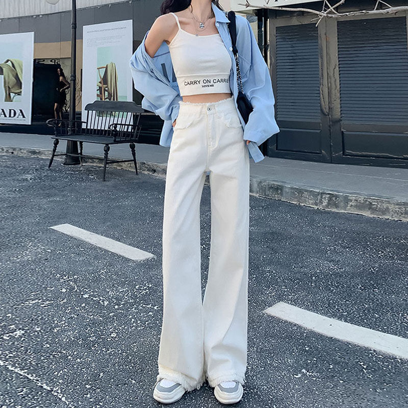 White high-waist raw edge straight jeans for women  spring and autumn new design niche wide-leg floor-length pants