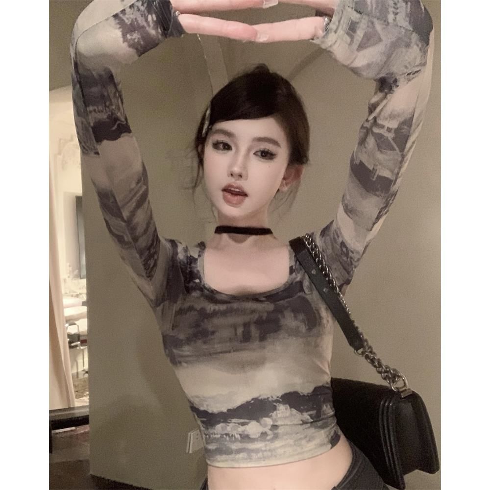 辣妹方領長袖t恤女裝夏季純欲水墨畫修身緊身顯瘦短款上衣打底衫