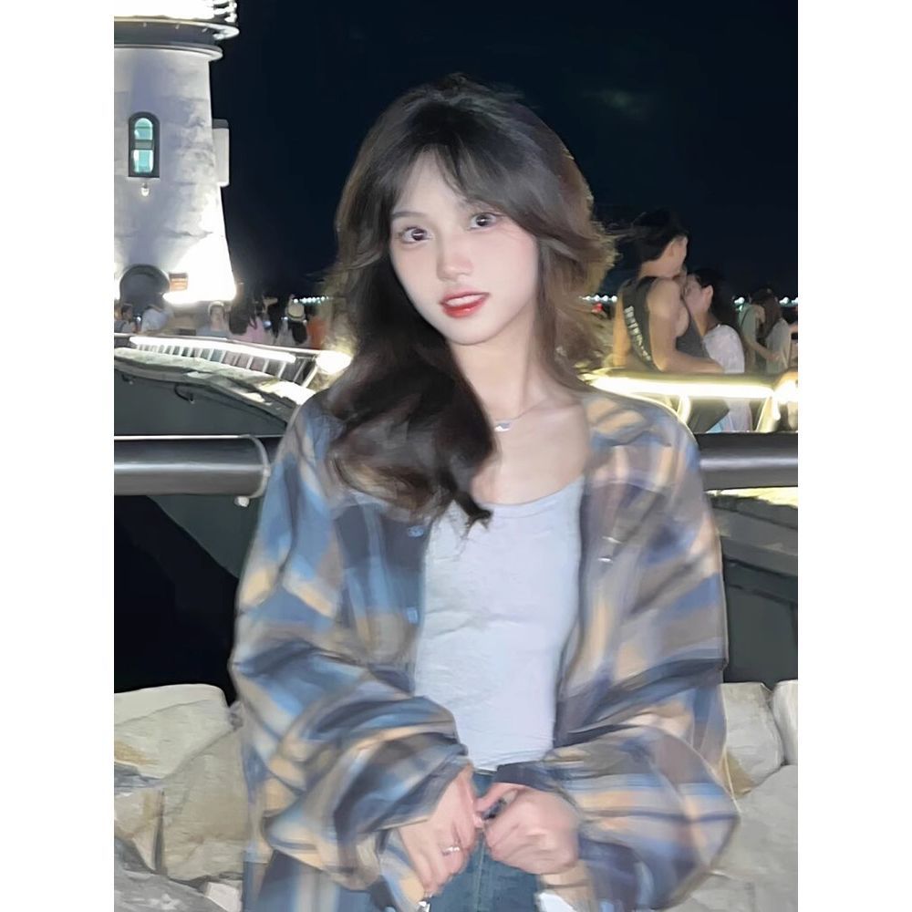 美式復古長袖襯衫女夏季百搭顯瘦上衣小眾設計感薄款格紋防曬襯衣