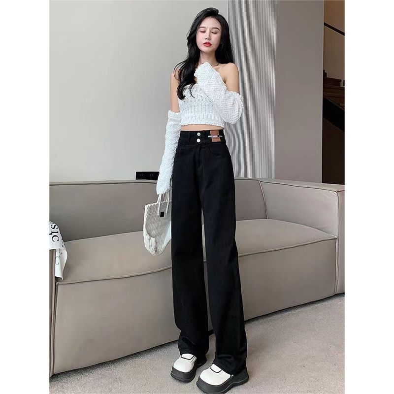 High-waisted black wide-leg straight jeans for women, loose and slim,  spring and autumn new style, drapey floor-length ins trend