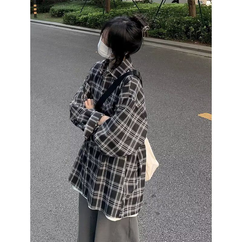 美式復古黑色格子長袖襯衫男女同款BF風寬鬆秋季ins情侶格紋襯衣