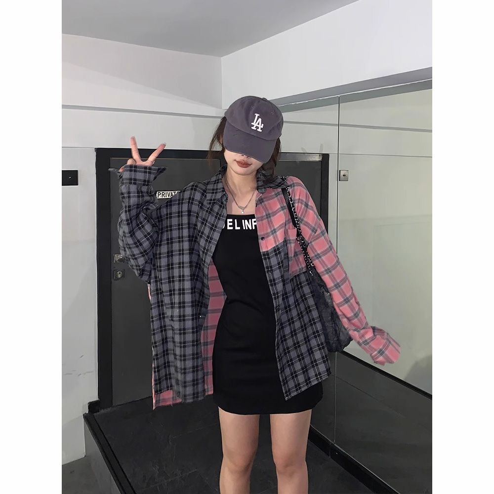 復古撞色拼接格紋襯衣女2023夏季新款韓版時尚甜酷炸街高級感上衣