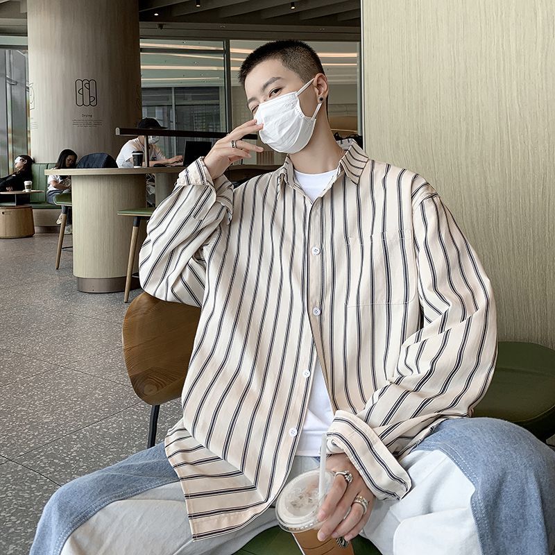 條紋襯衫男長袖韓版潮流痞子帥2023秋季新款ins寬鬆薄款防曬外套