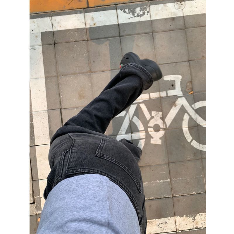 美式黑灰色闊腿牛仔褲女秋季新款高腰寬鬆垂感顯瘦拖地直筒褲子潮