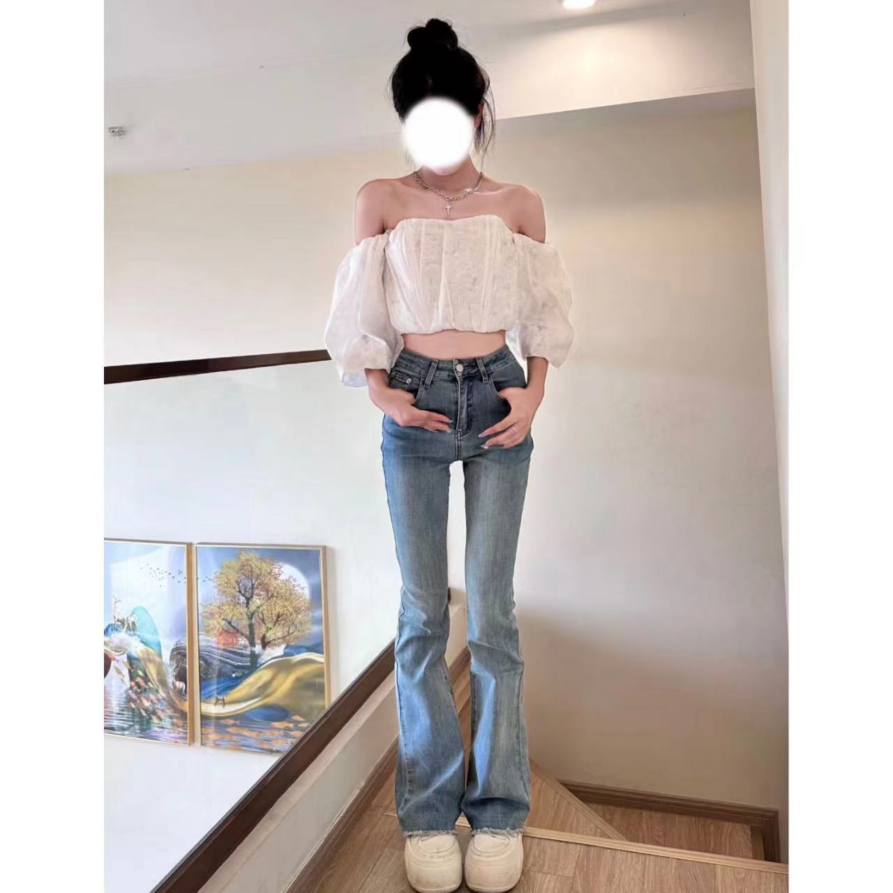 秋冬季淺藍色微喇叭牛仔褲女修身顯瘦彈力拖地長褲水洗毛邊馬蹄潮