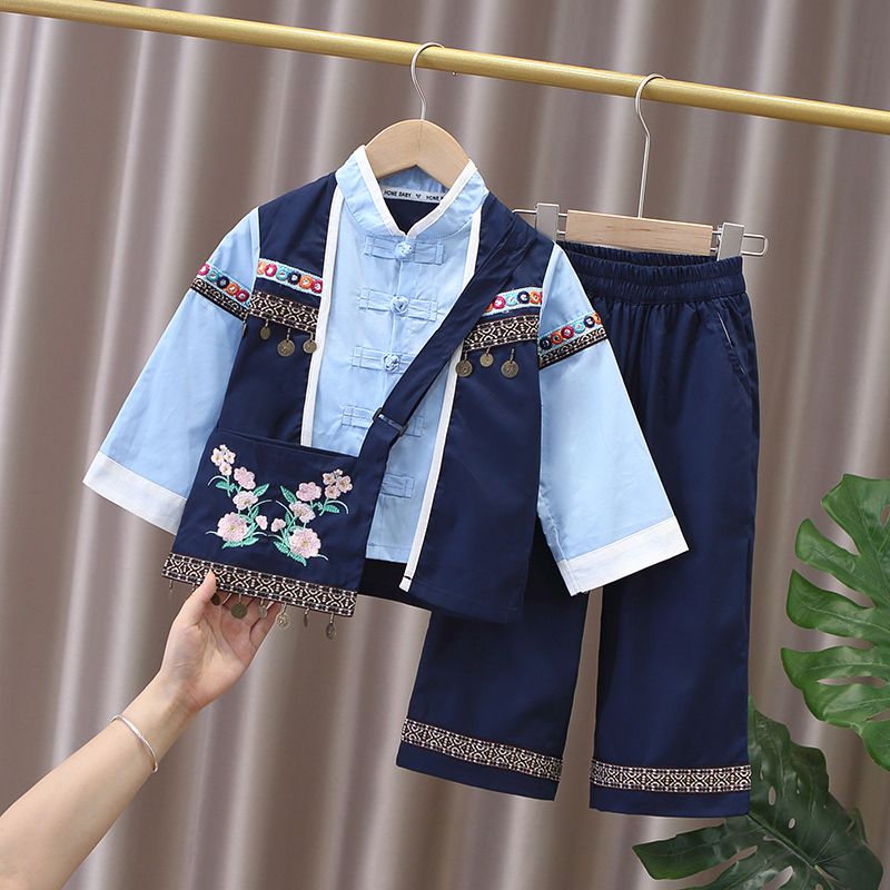 民族風女童漢服復古春秋洋氣寶寶中式唐裝男童中國風少數民族套裝