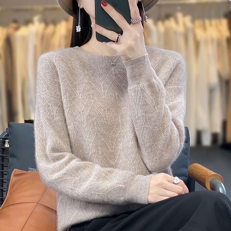 重工絞花羊毛針織套頭打底毛衣新款女外穿內搭寬鬆休閒圓領洋氣
