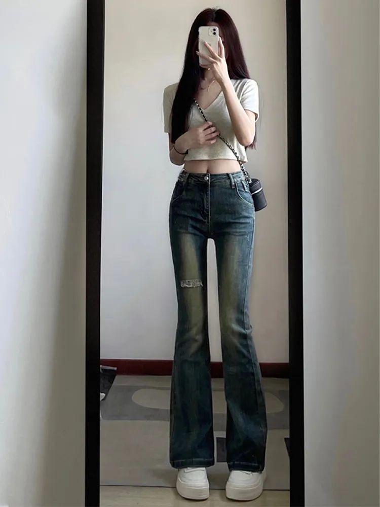 美式復古微喇牛仔褲女秋季新款小個子百搭高腰顯瘦修身喇叭馬蹄褲