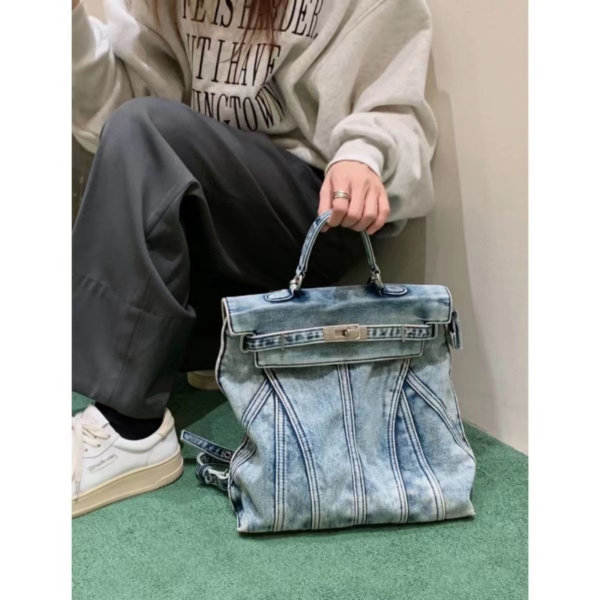 小呦家包包同款做舊牛仔帆布雙肩包女美式復古潮流學院風斜挎包包