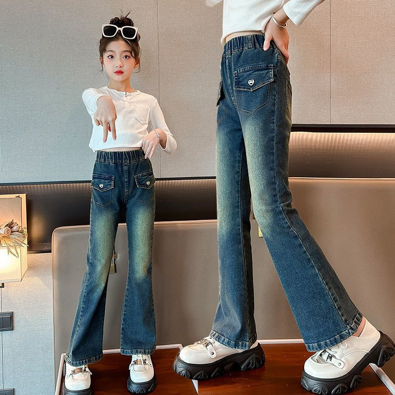女童喇叭褲春秋2023新款時尚百搭洋氣兒童秋季褲子大童秋裝牛仔褲