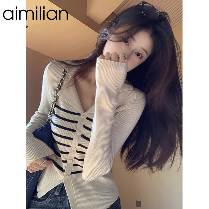 aimilian復古翻領條紋針織開衫外套女春秋修身顯瘦短款打底衫上衣