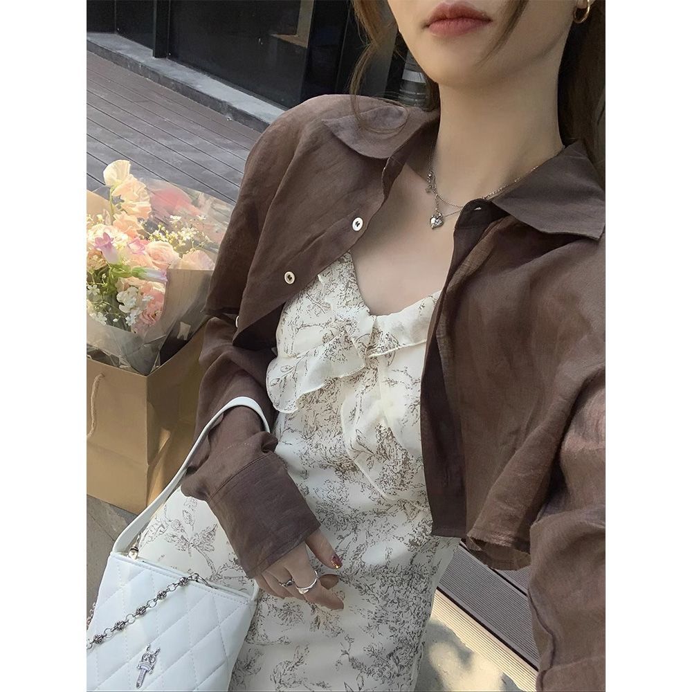 韓版復古長袖襯衫女2023夏季新款設計感小眾別致外搭輕薄防曬襯衣