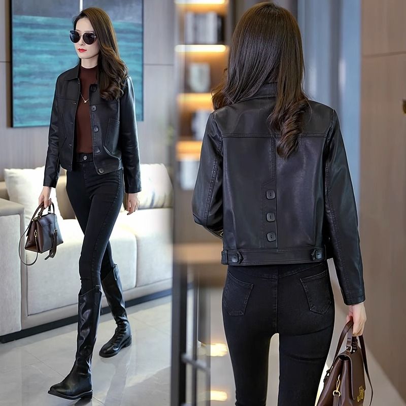 Leather jacket women's short spring and autumn slim black pu leather jacket  new fashion high-end women's top