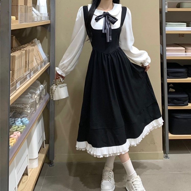 大碼日系甜美娃娃領小黑裙女秋冬胖mm初中高中學生假兩件連衣裙子